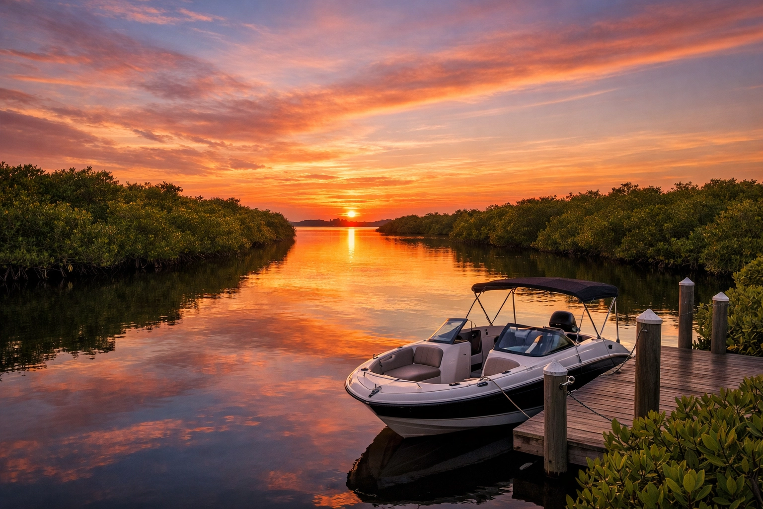 Scenic sunset over a quiet Northwest Cape Coral canal with mangroves and a private dock.