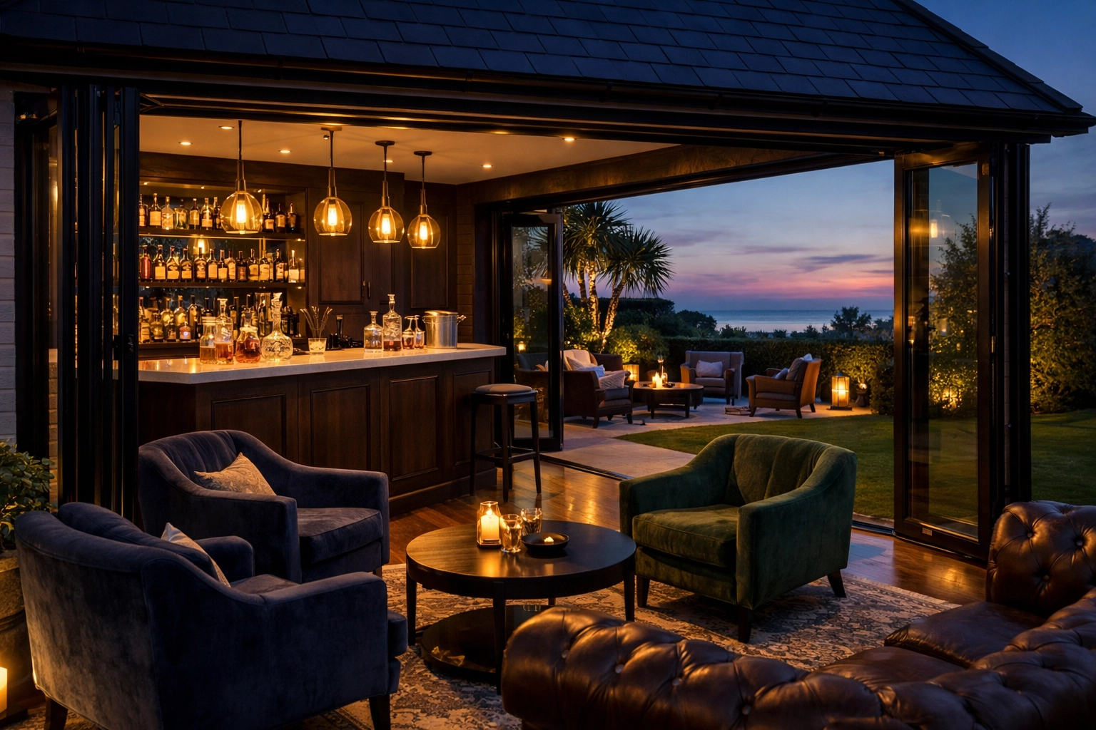 Detached garage conversion into a luxury home bar and lounge with bi-fold doors opening to a Sussex garden.