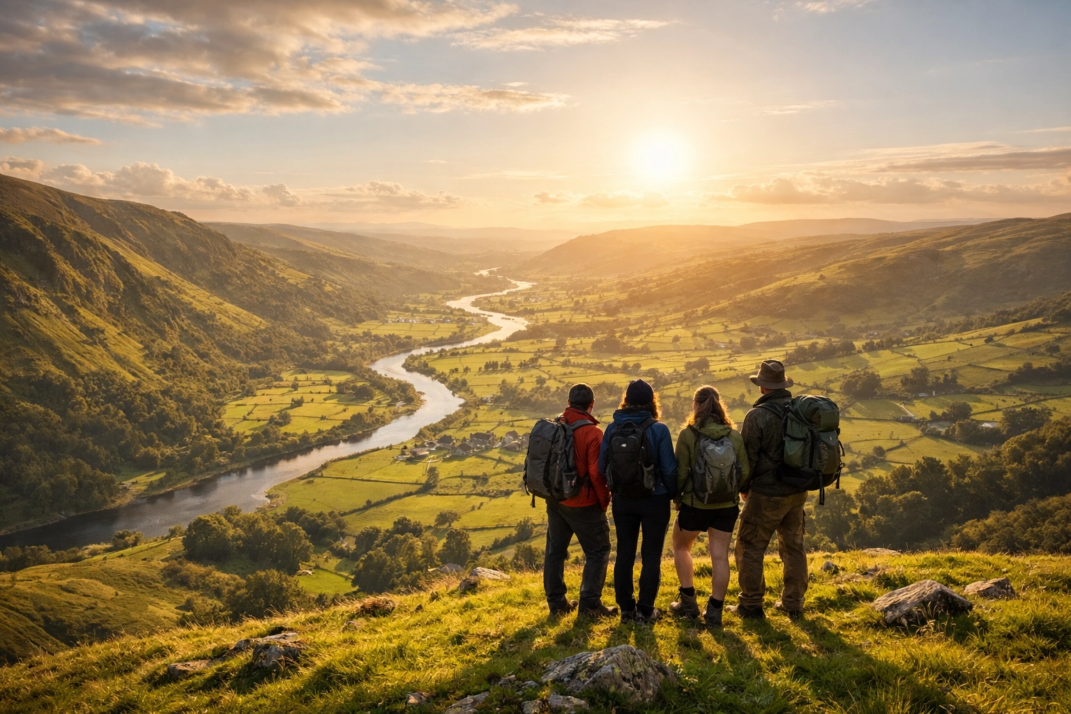 Group of hikers overlooking a sun-drenched valley, ending a successful camping adventure UK.