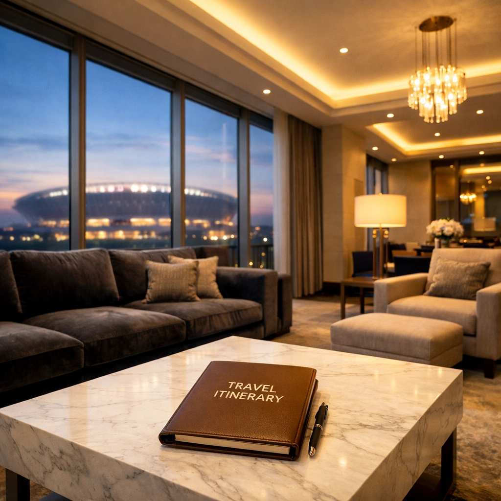 Luxury executive penthouse suite with a view of the stadium during Super Bowl week.