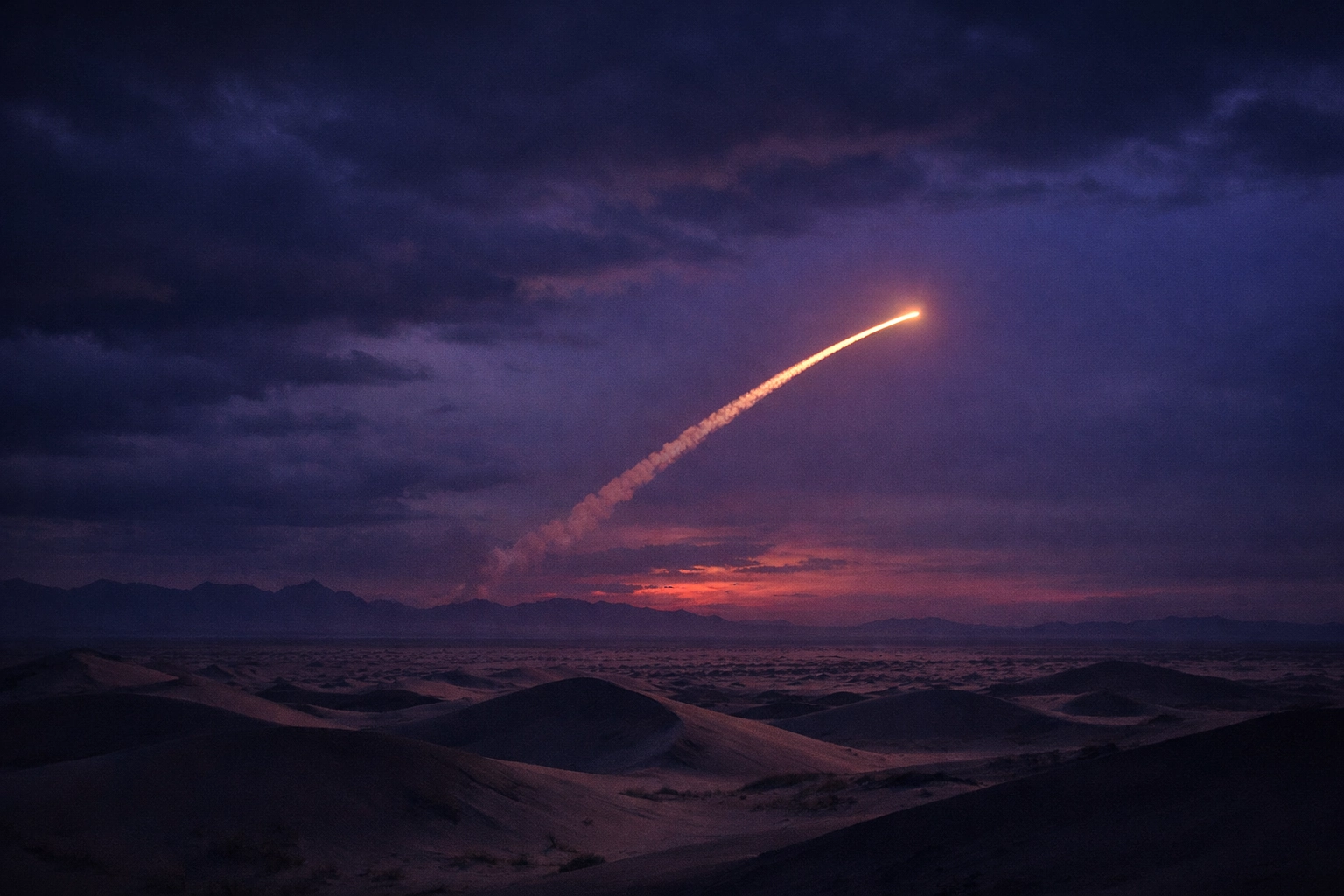 A missile launch streak across the twilight sky over the Middle East desert during military escalation.