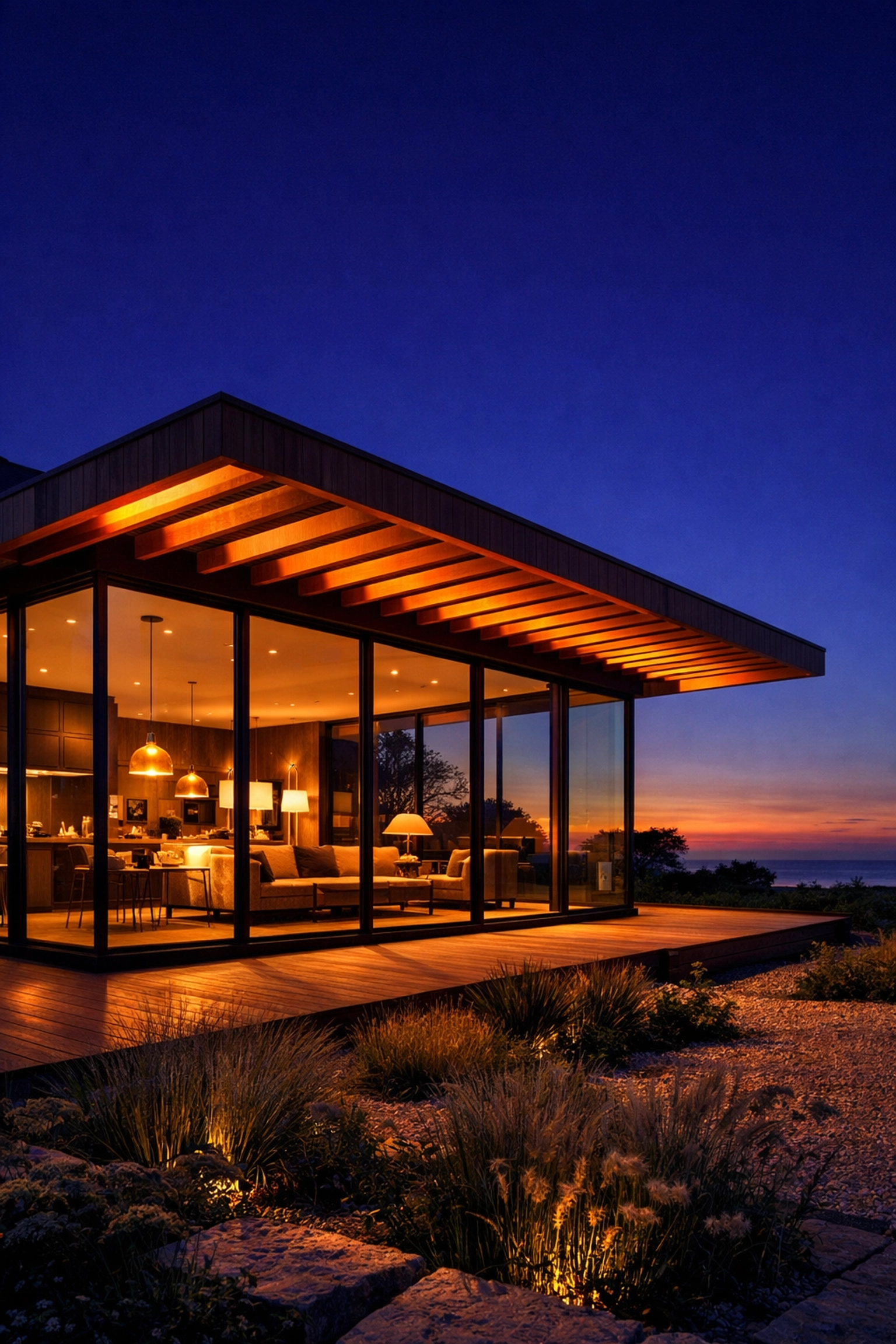 Dusk exterior of a modern West Sussex house extension with large windows and timber brise soleil.