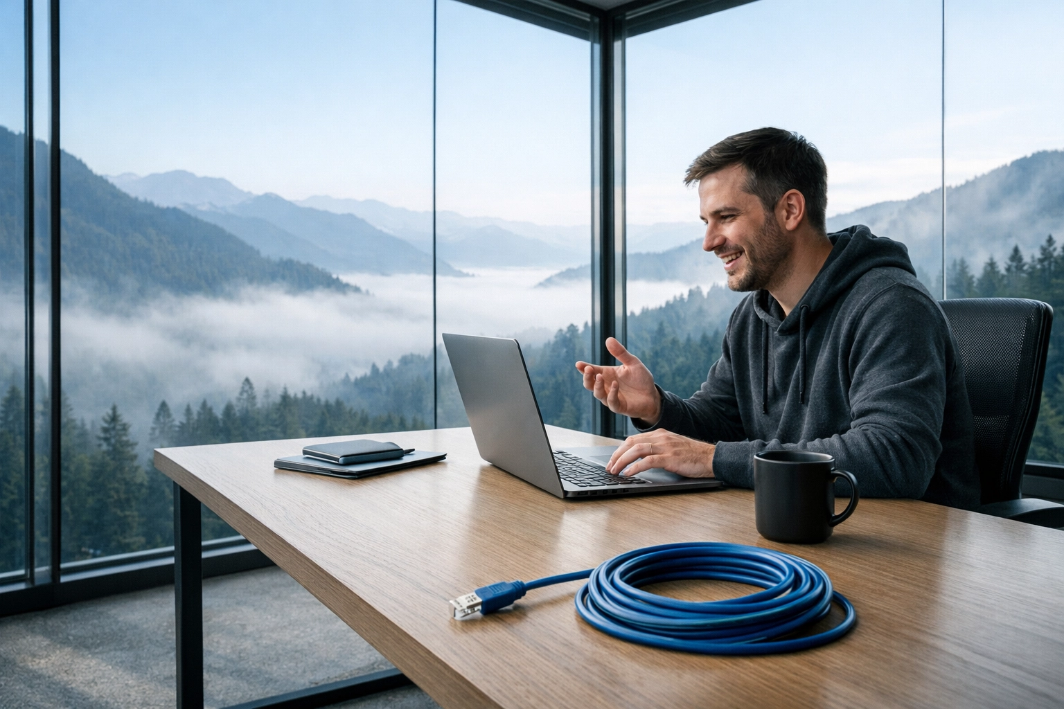 Developer using secure, air-gapped speech-to-text software on a Windows laptop with no internet needed.