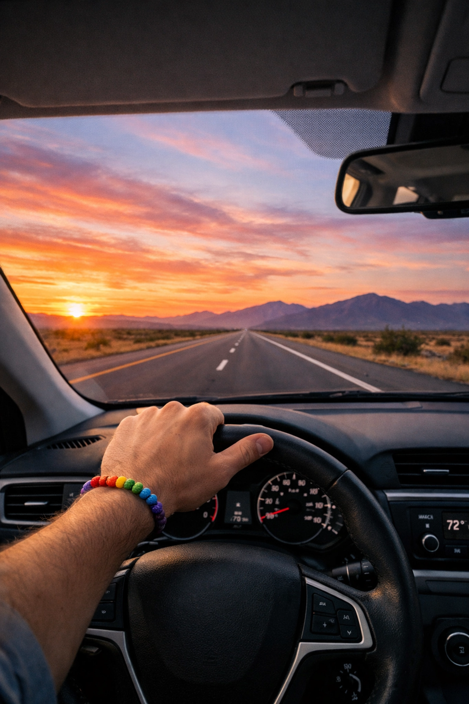 POV of a driver with a pride bracelet on the steering wheel during a scenic sunset road trip through the US.