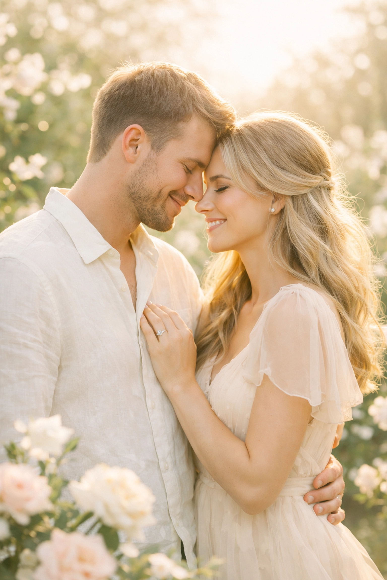 Happy couple celebrating financial freedom and a debt-free start to their marriage in a romantic garden.