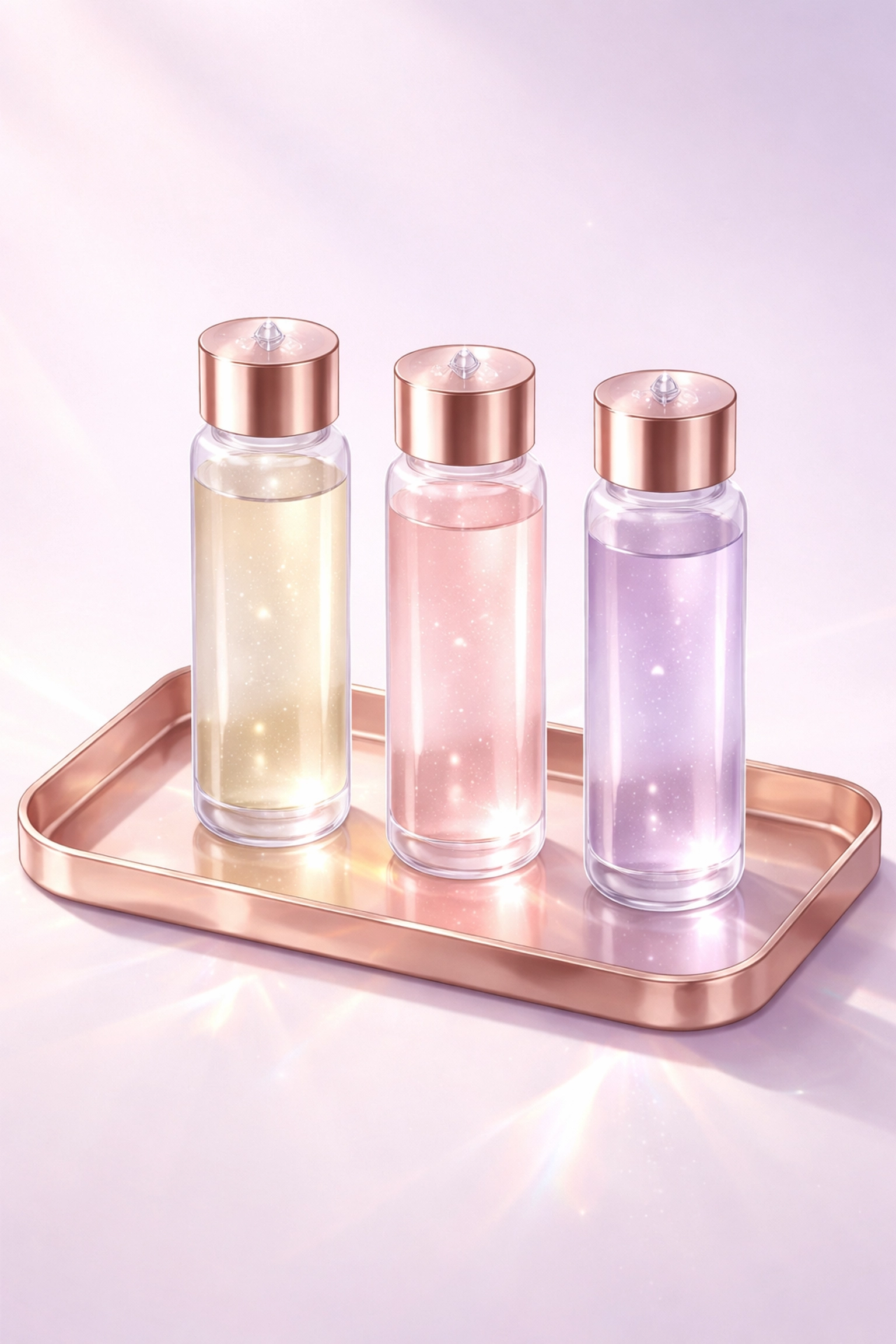 Editorial illustration of three glass vials representing luxury and different brow tattoo removal methods at Blush On The Daley