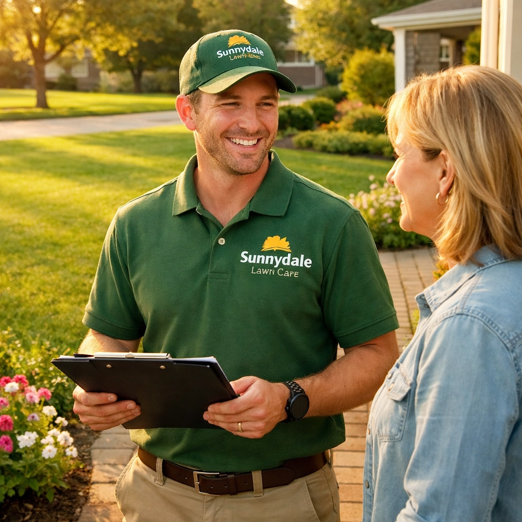 Sunnydale Lawn Care expert discussing professional lawn treatment options with a homeowner on their walkway.