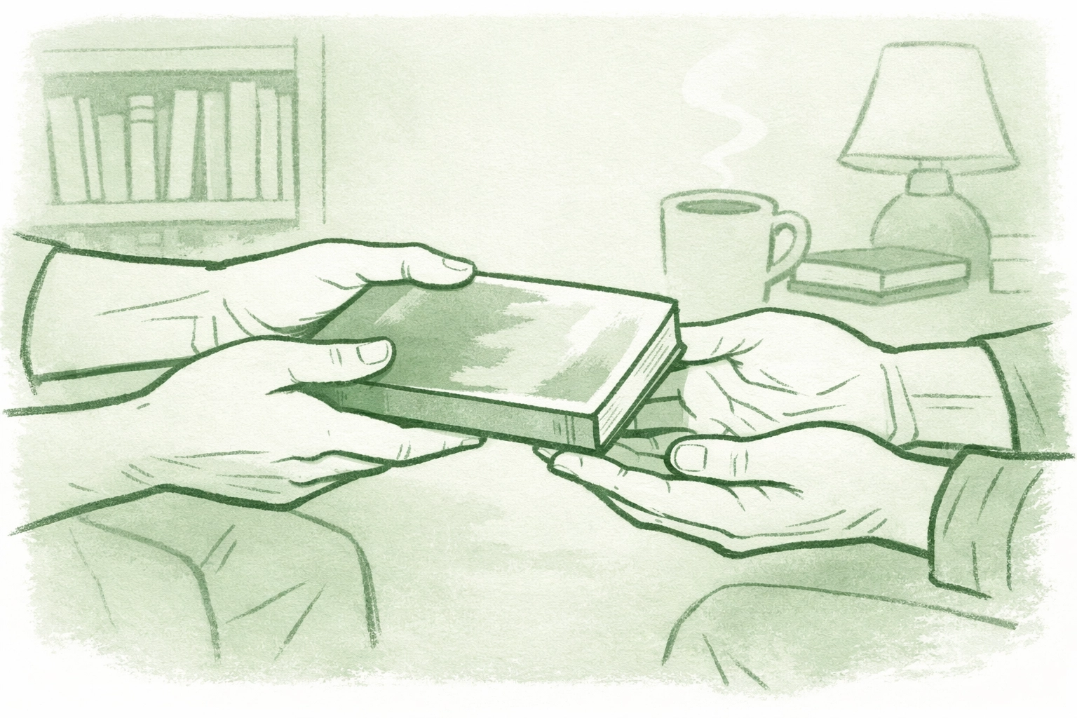 Sharing LGBTQ+ literature - hands exchanging gay fiction book in welcoming reading space