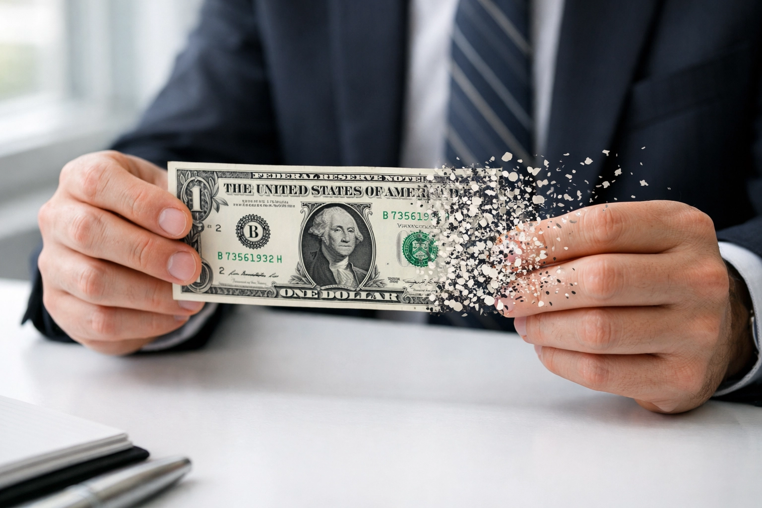 Dollar bill fragmenting symbolizing tax refund money lost to fees and charges