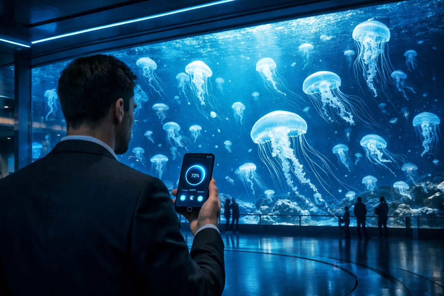 Visitor using a mobile app at a high-tech aquarium, showcasing digital innovation in zoo marketing and branding.