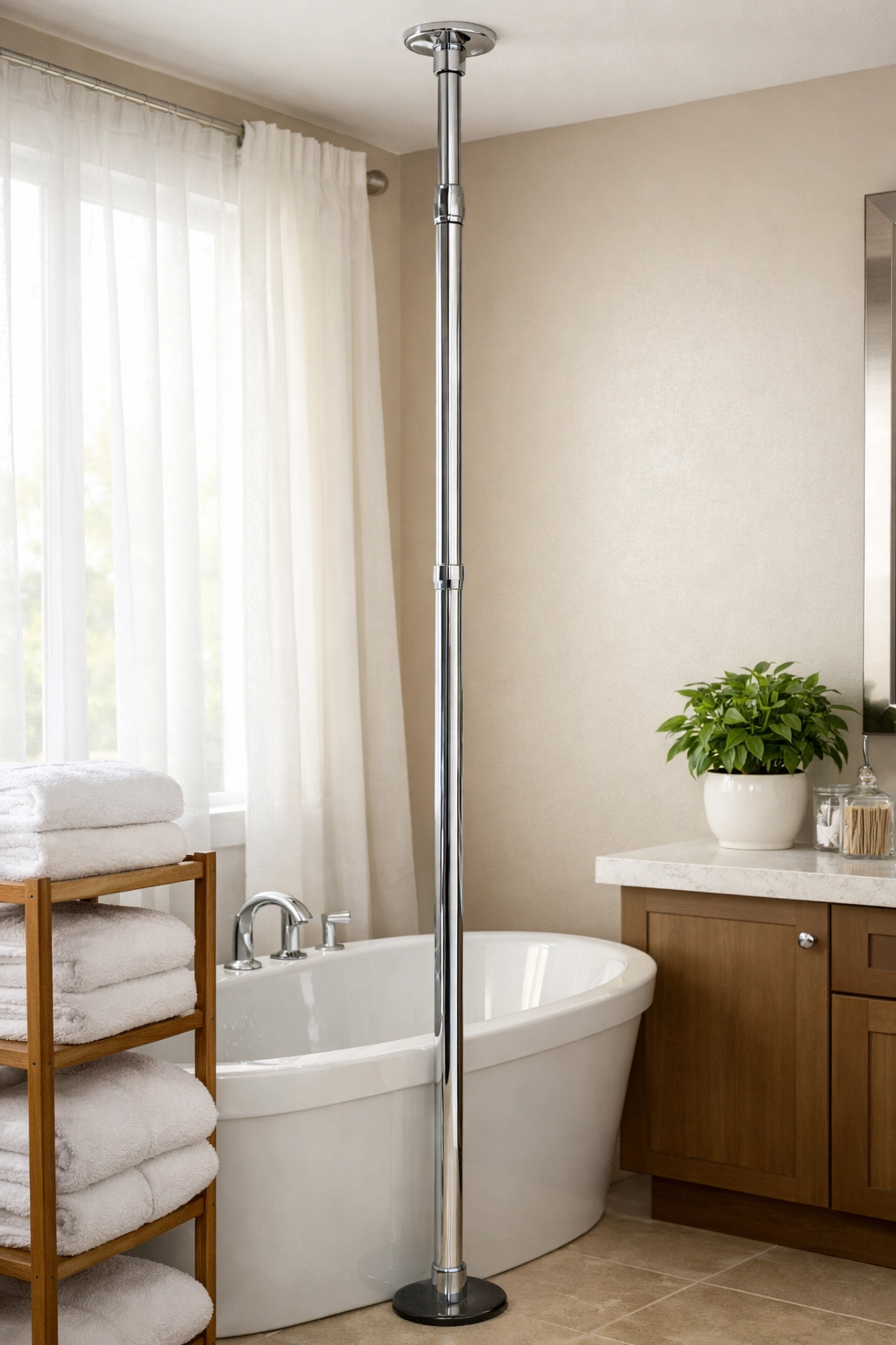 A chrome transfer pole installed next to a bathtub for bathroom safety and fall prevention.