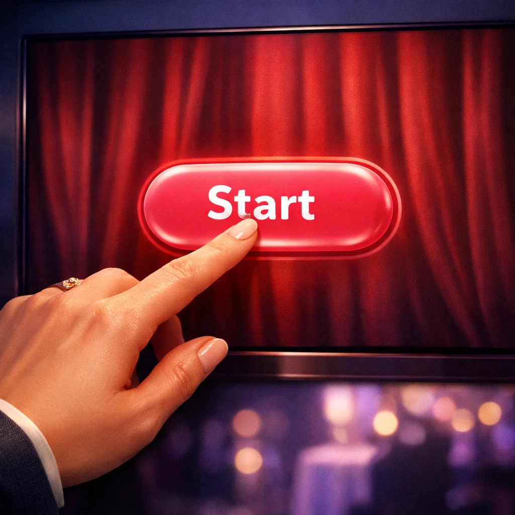 Pictor photo booth kiosk displaying a vintage curtain-themed start screen — branded using Pictor's global style settings with custom fonts, colors, and zero-radius buttons