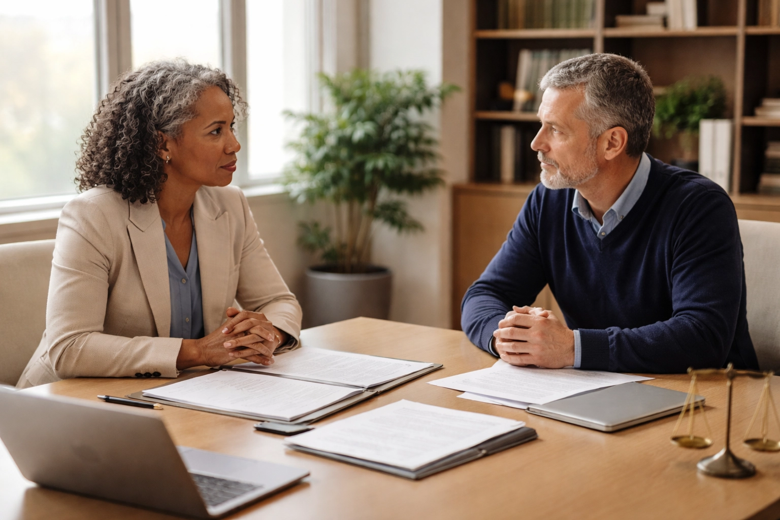 Diverse couple meeting with divorce lawyers in Fredericksburg, Virginia to discuss fair asset distribution
