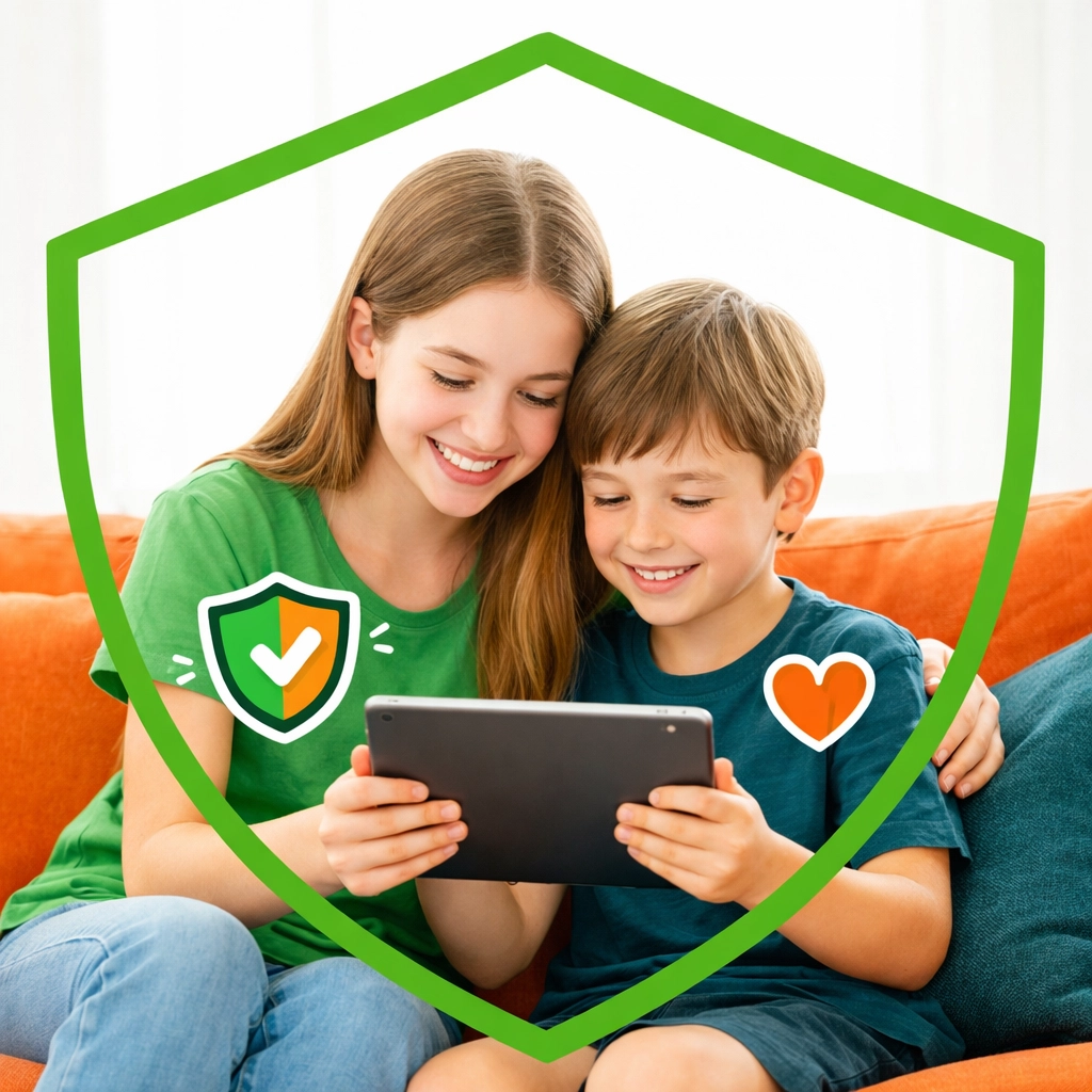 Siblings using a tablet safely, illustrating digital safety and healthy technology habits for kids.