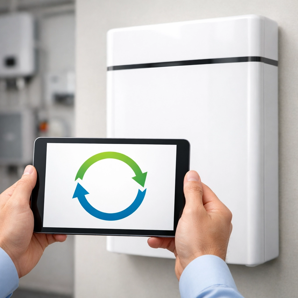 Professional installation of a solar battery storage unit being monitored by a tablet app.