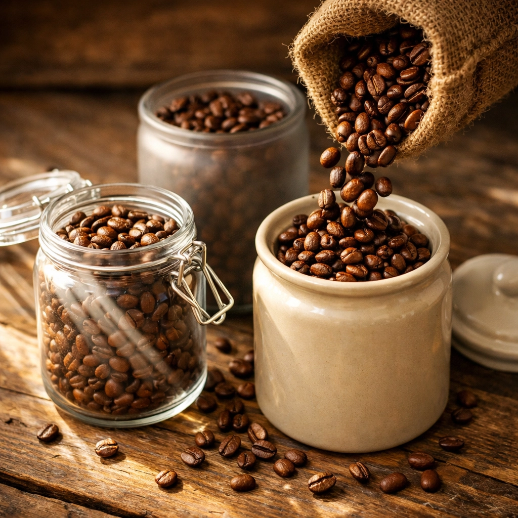 Coffee beans in various storage containers showing effects of light exposure and protection