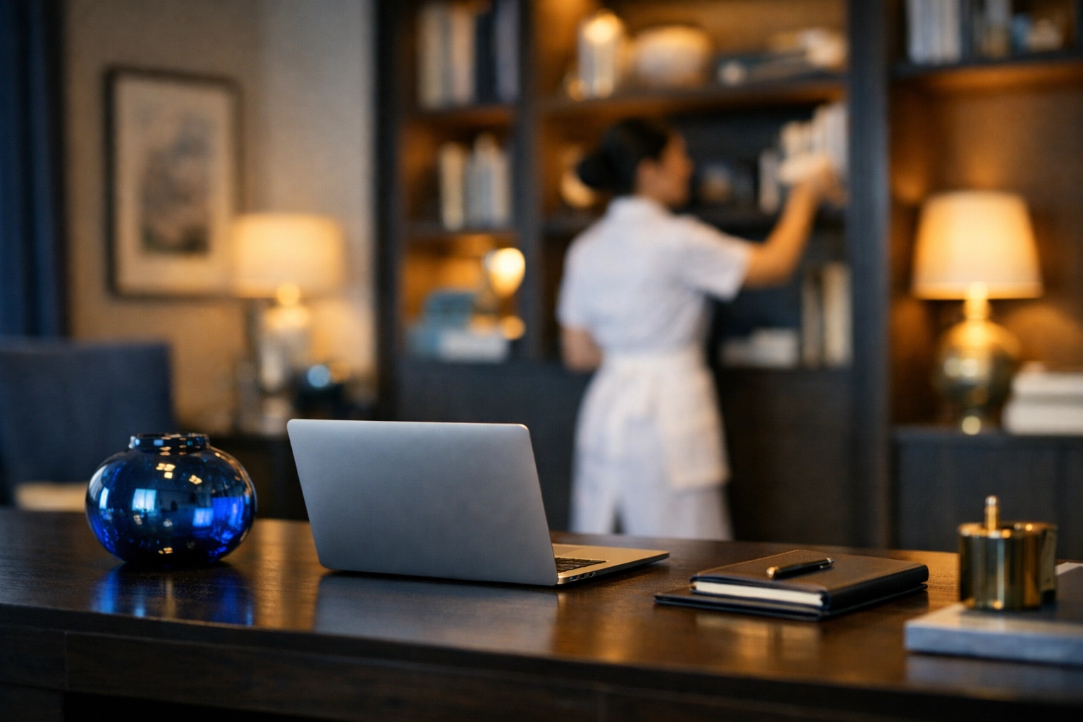 Discreet professional providing residential cleaning Massachusetts in a quiet, organized Dover home office.