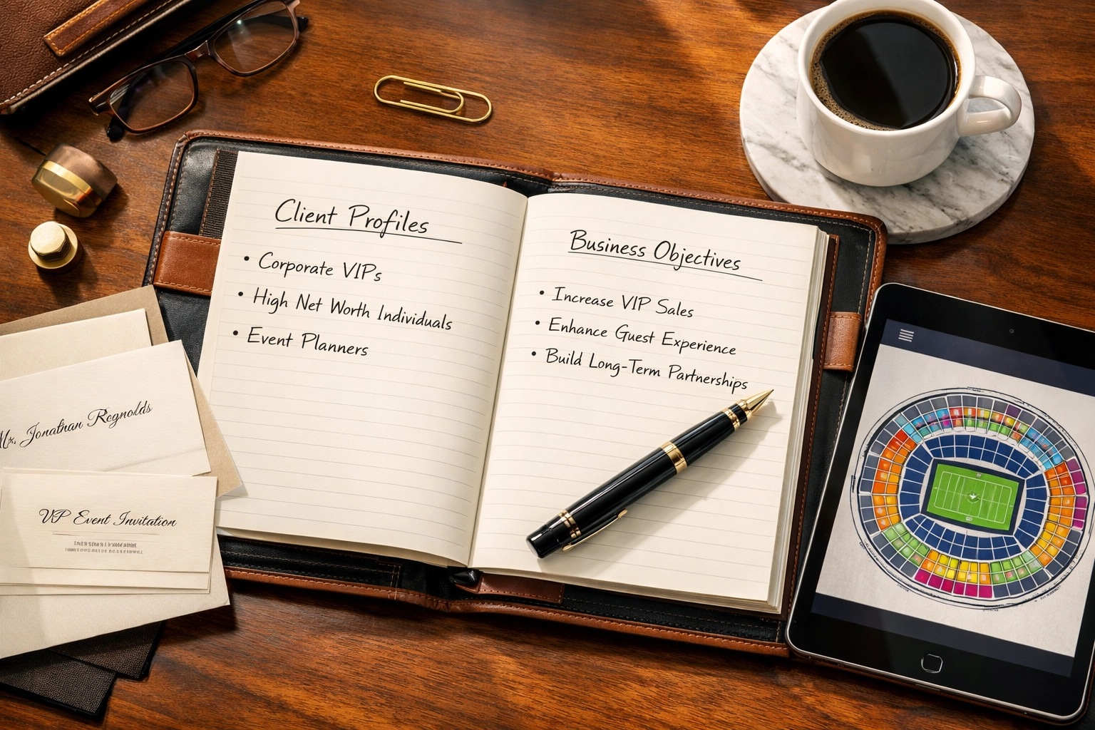 Executive desk showing Super Bowl VIP client invitation planning materials