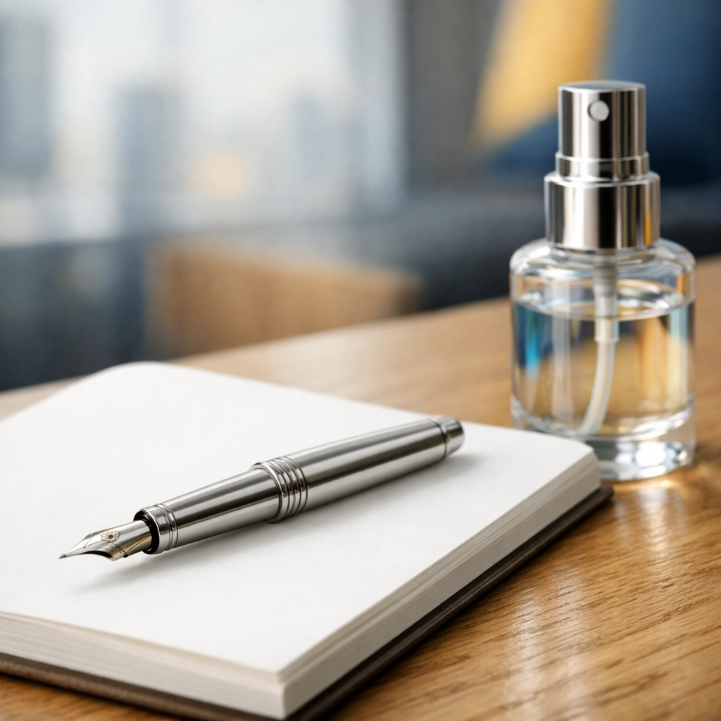 Office desk with a cleaning spray bottle and notebook for a commercial cleaning Boston comparison checklist.