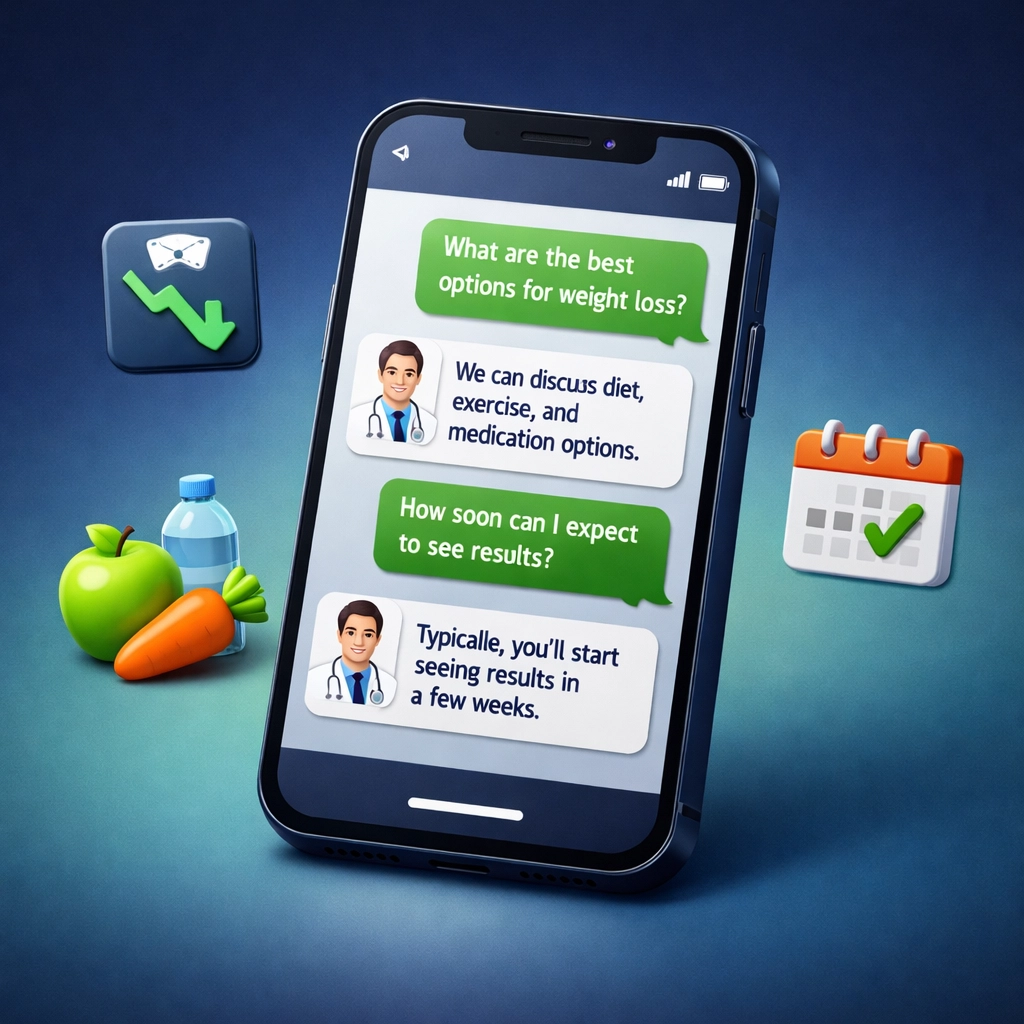 Smartphone showing online GLP-1 weight loss consultation with medical chat interface and treatment icons