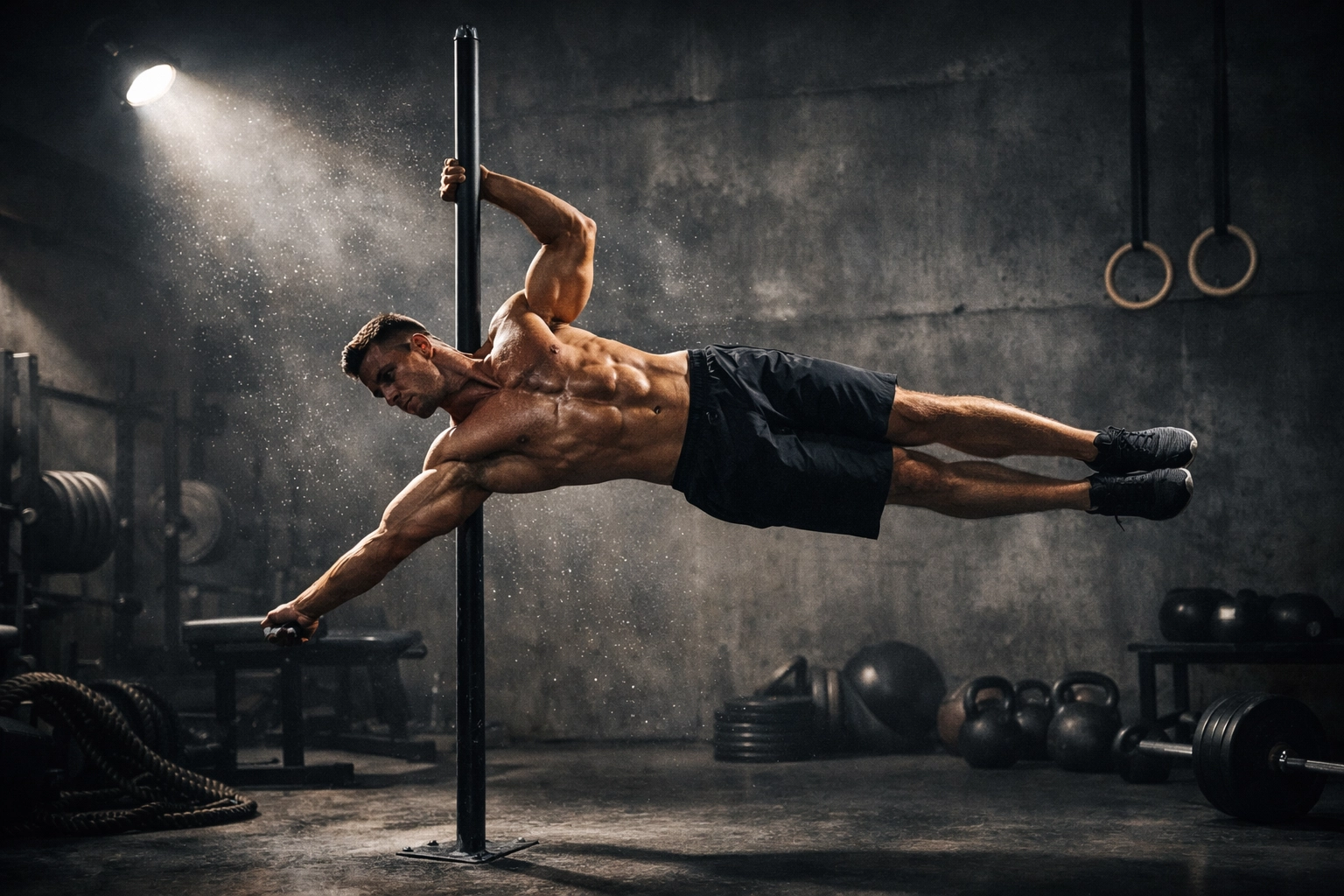 Athlete performing a human flag in a versatile home gym showing full body strength.