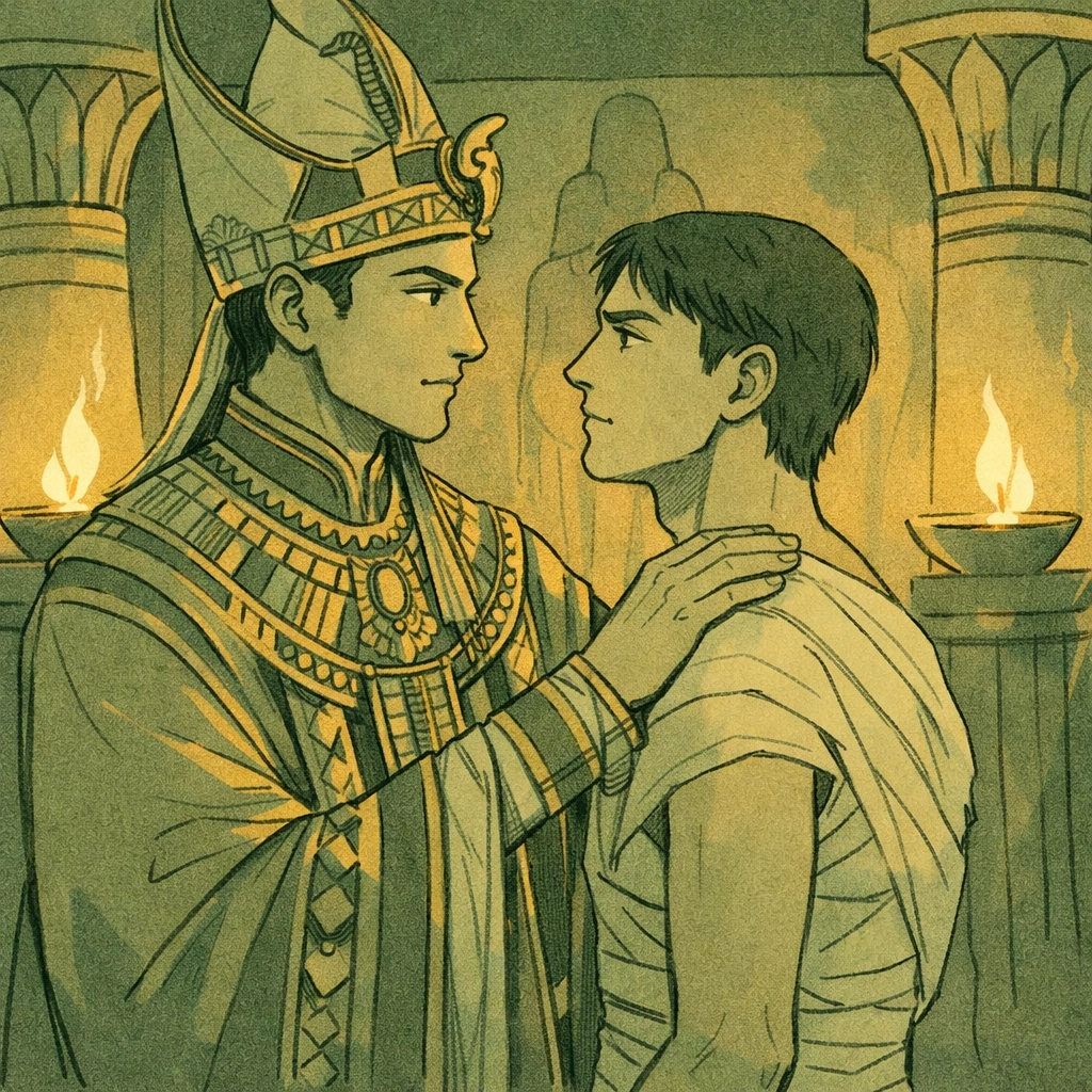 Two men in ancient Egyptian temple sharing intense gaze, depicting sacred duty versus desire