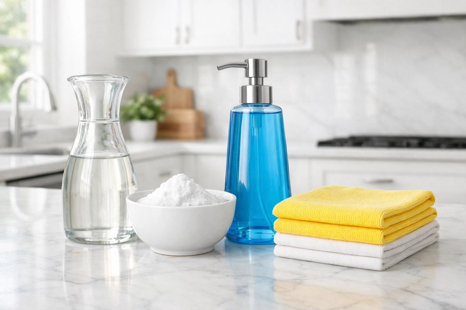 Eco-friendly cleaning supplies including vinegar and baking soda on a bright kitchen counter for deep cleaning.