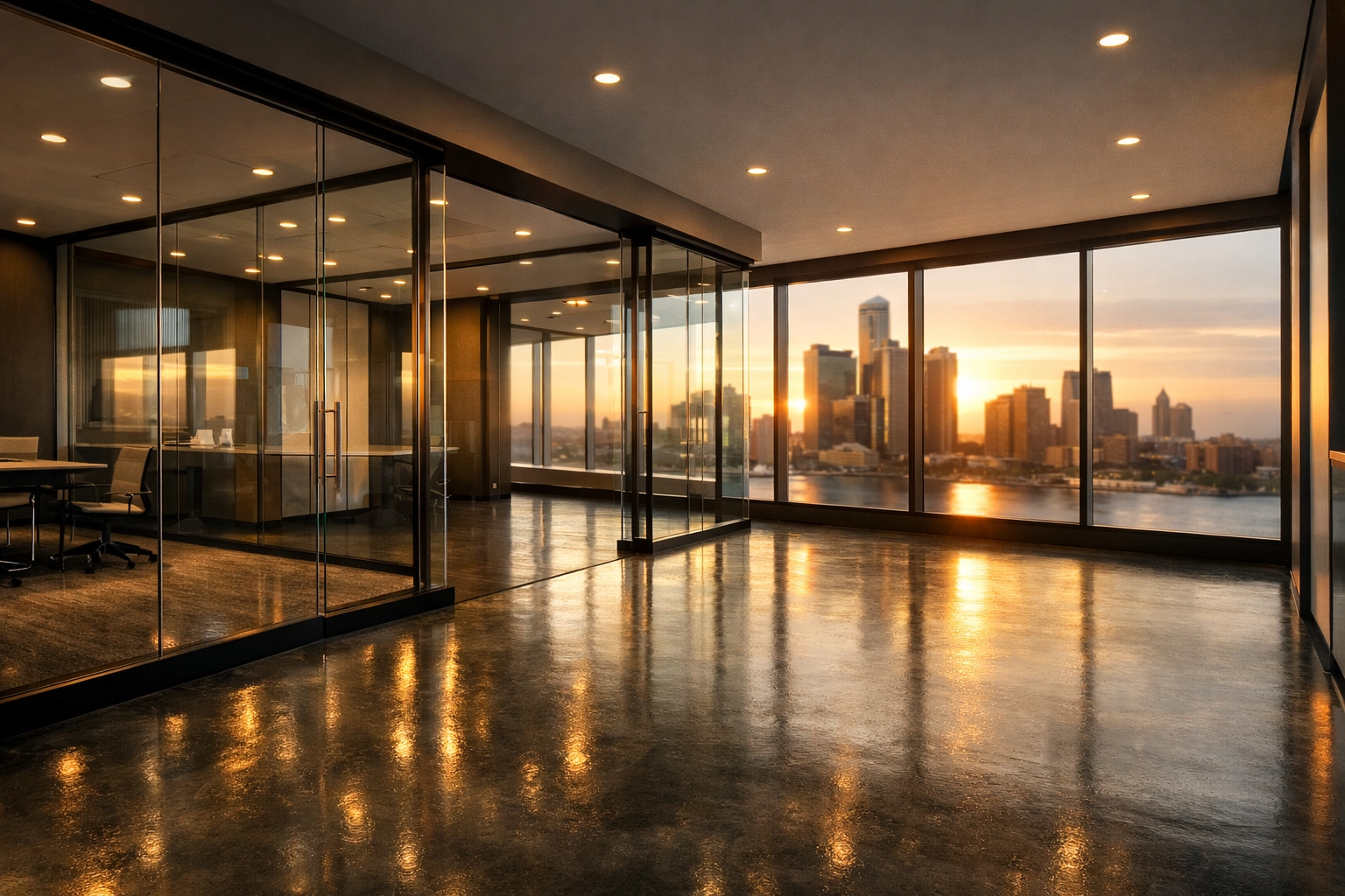 Move-in ready office space in Detroit with polished concrete floors and panoramic city views.