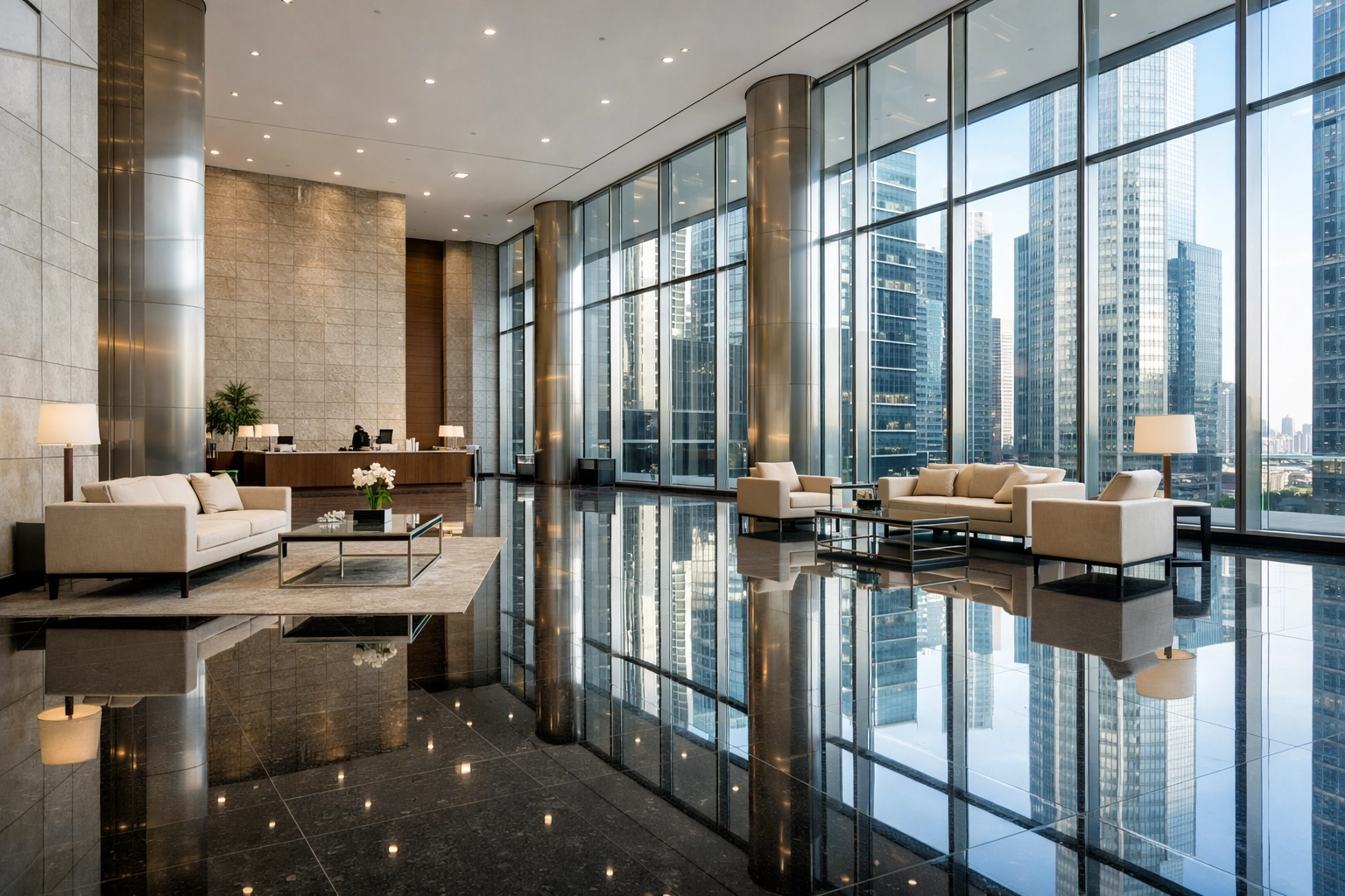 Professionally cleaned high-rise lobby in Detroit showcasing polished stone floors and modern furniture.