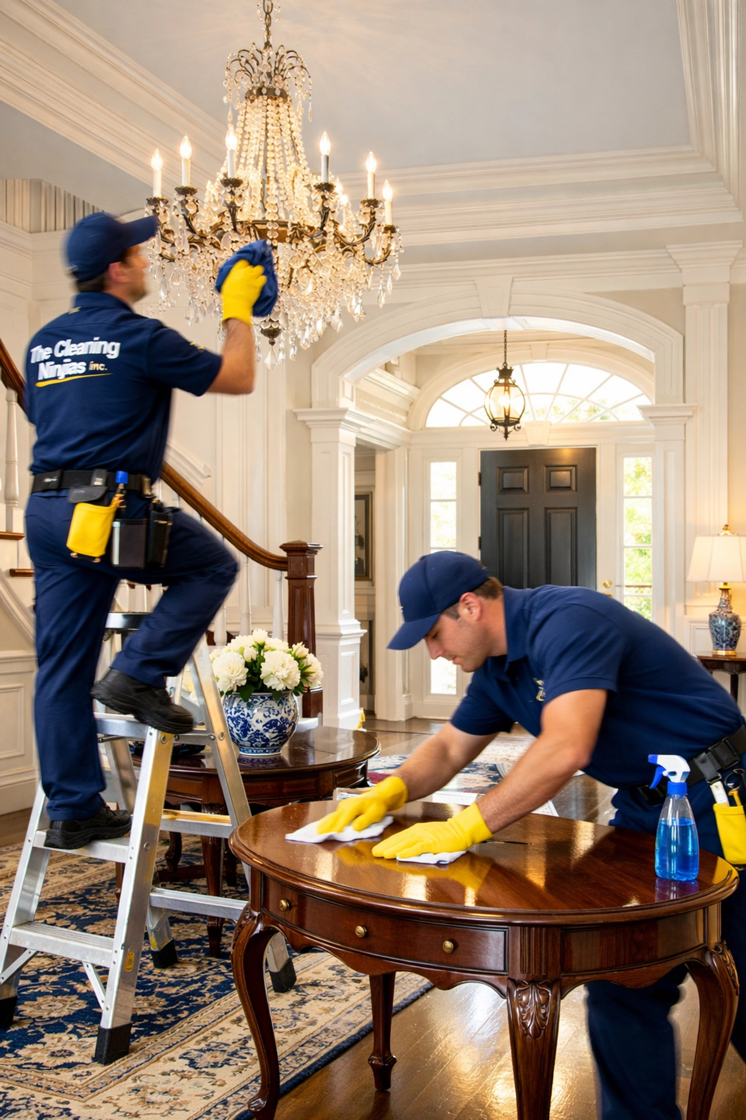 Professional cleaning team in navy uniforms performing deep cleaning in a grand Sudbury colonial foyer.