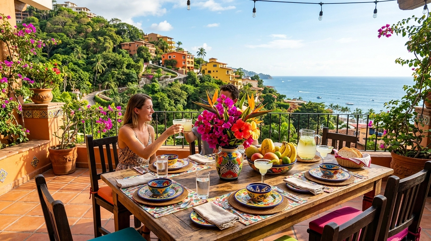 A vibrant outdoor terrace set with colorful pottery and fruit overlooking the Amapas hills.