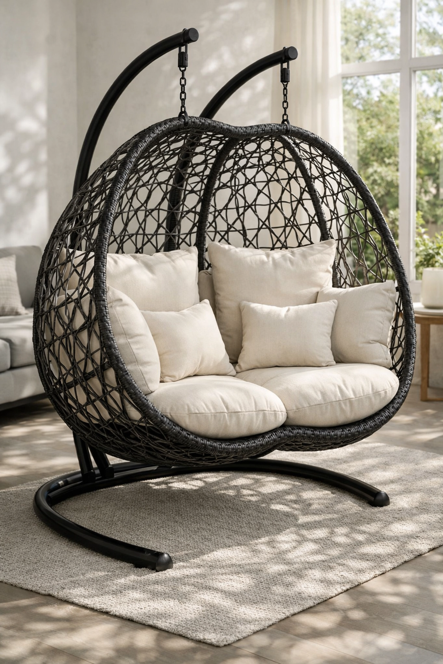 Double Egg Chair in a bright sunroom, a key piece in a Modernize Methods virtual home design plan.