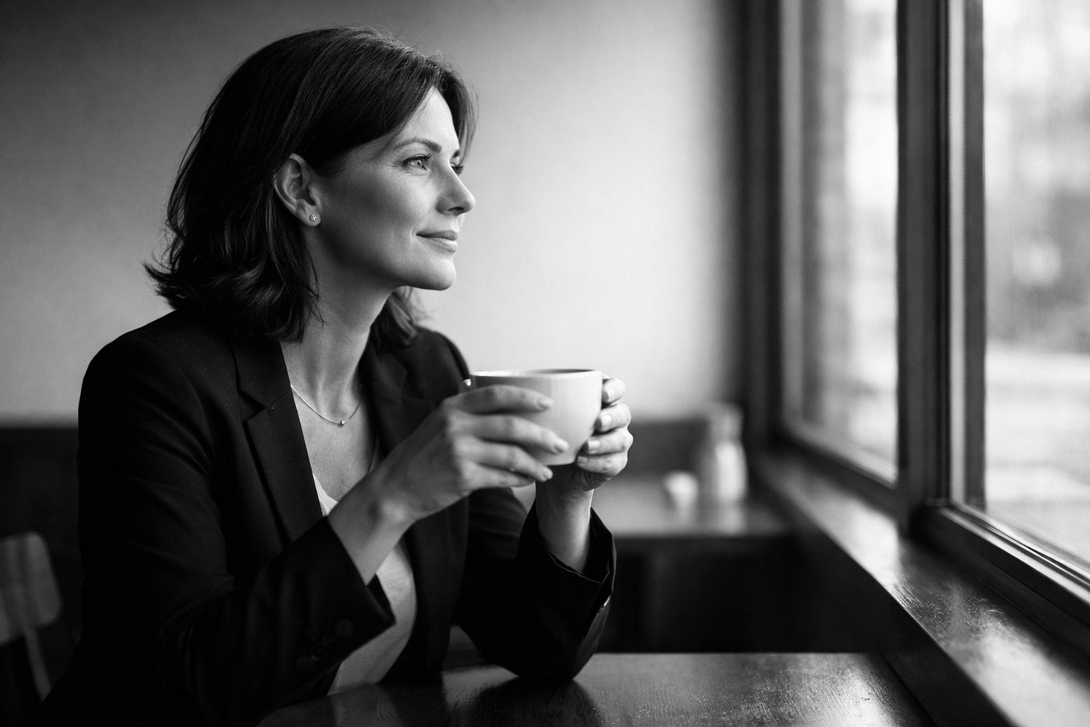 Confident professional woman taking intentional break from dating apps at café