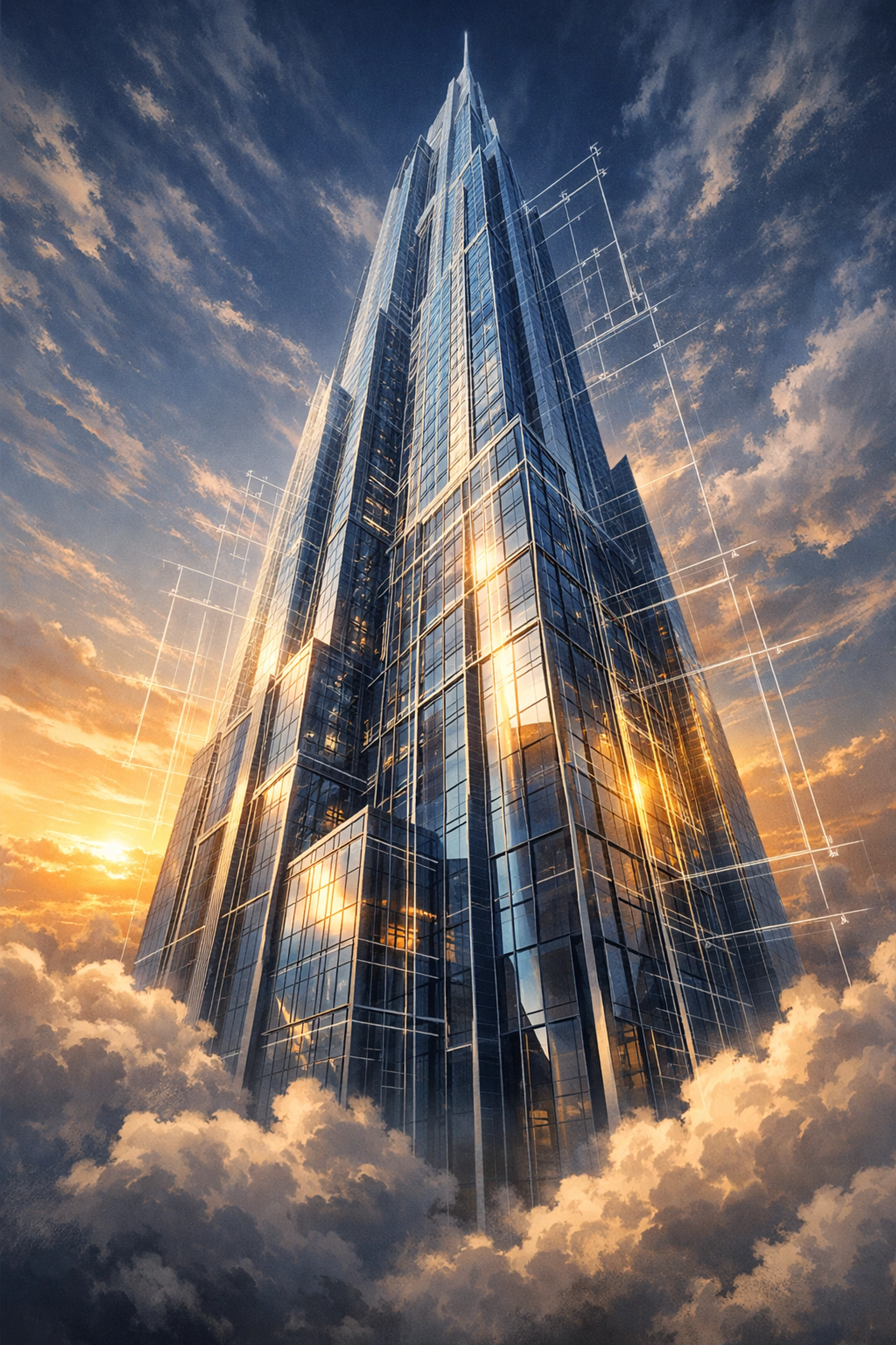 Modern skyscraper with architectural blueprints, representing the successful scaling of a small business