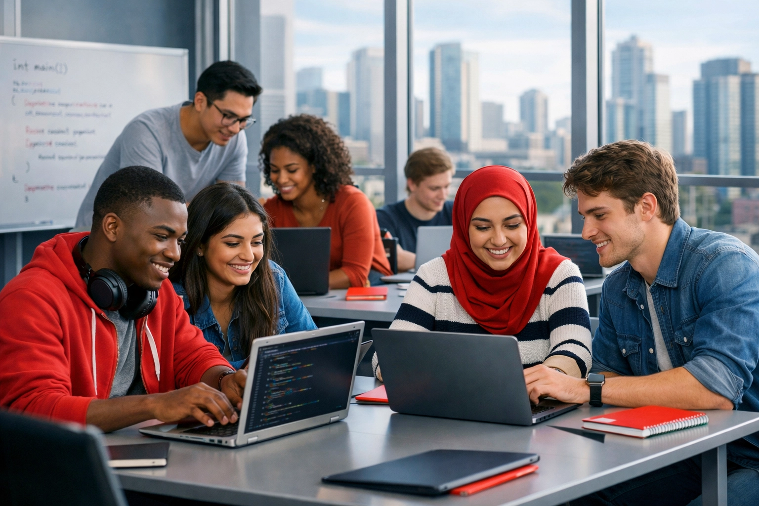 Young adults learning coding skills in job training classroom for workforce development