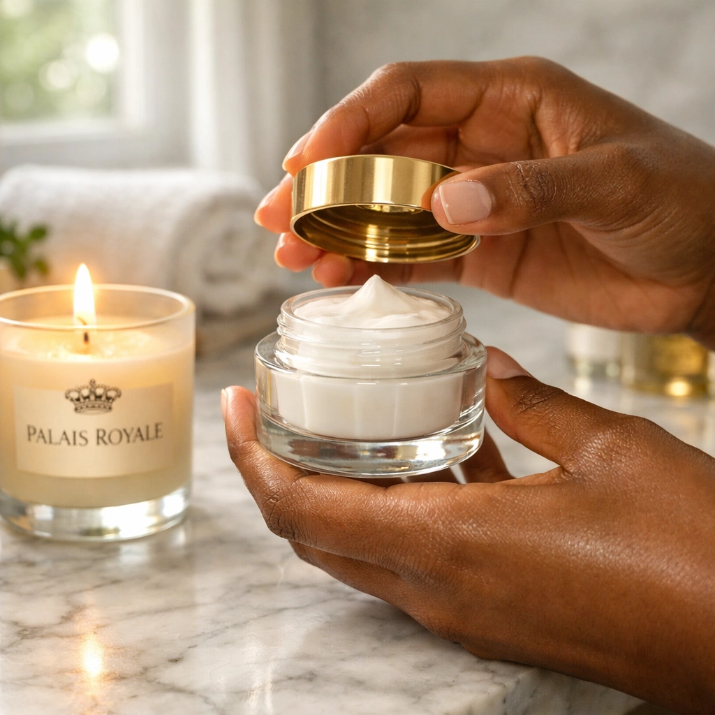 Luxury skincare and a Palais Royale candle on a marble counter, representing Black-owned beauty and self-care.