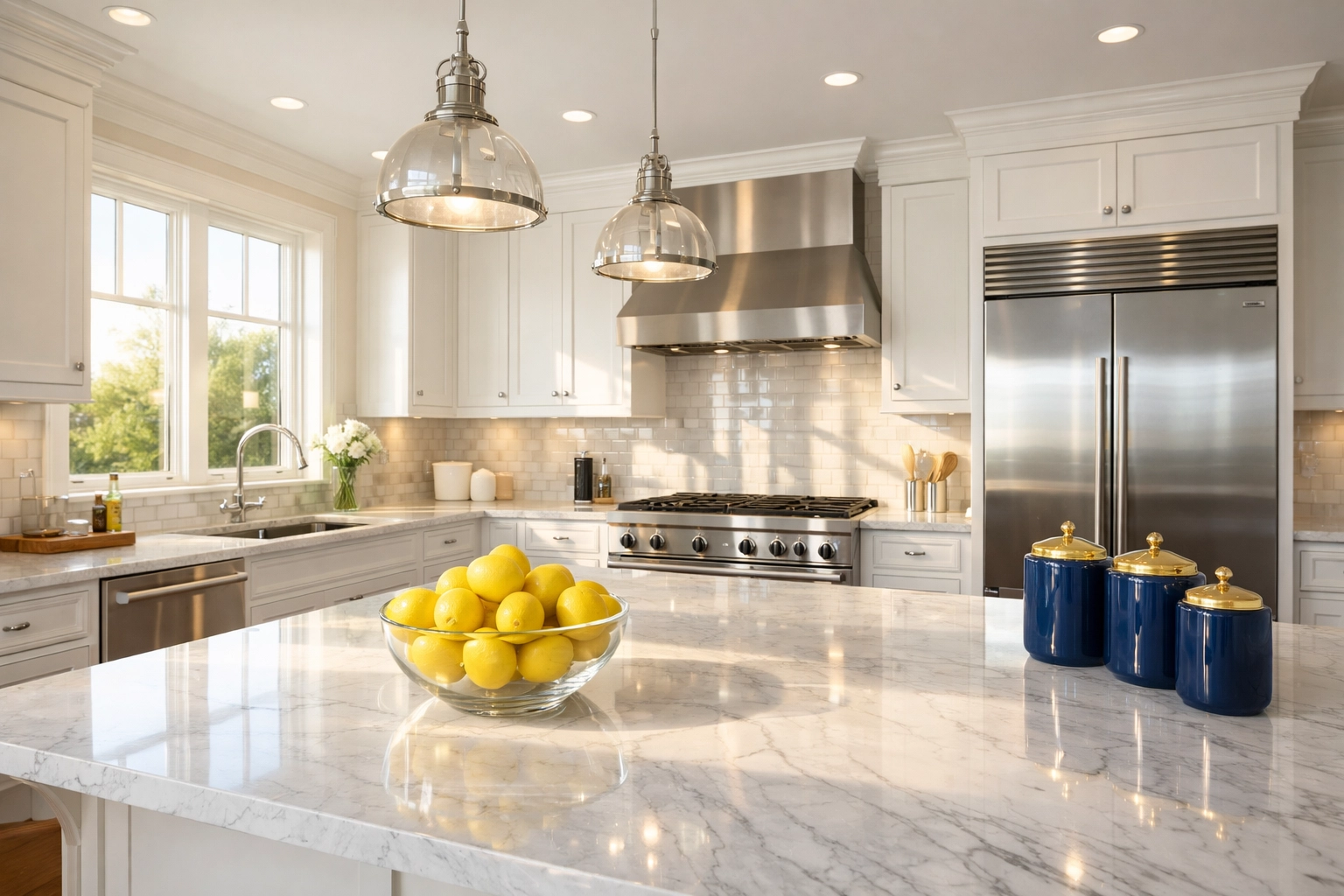 Professionally cleaned kitchen in Berlin MA featuring polished countertops and bright modern cabinetry.