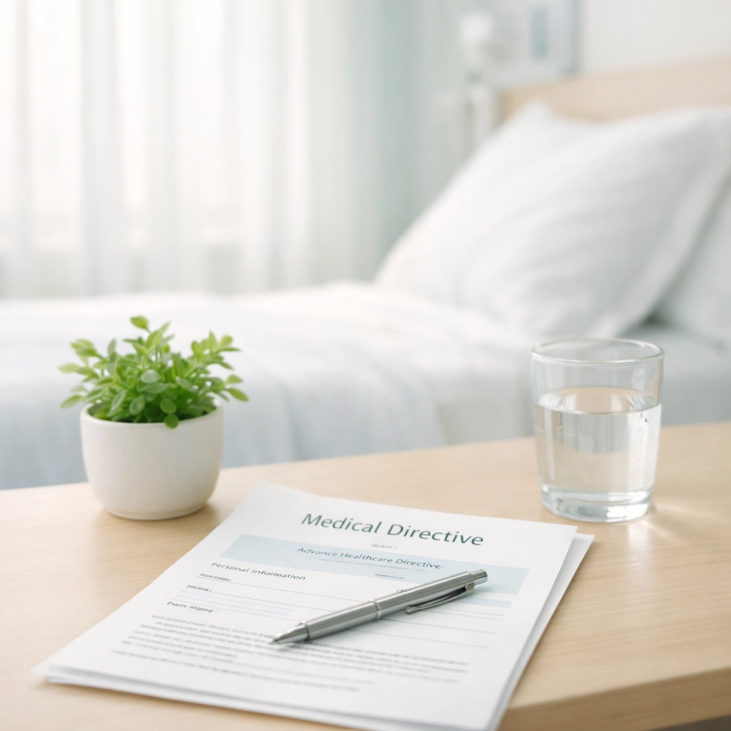 Medical directive document on hospital bedside table