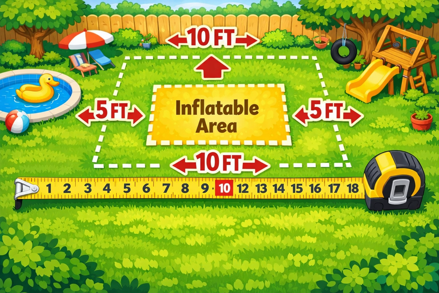 Measuring backyard space for inflatable bounce house setup with proper clearance