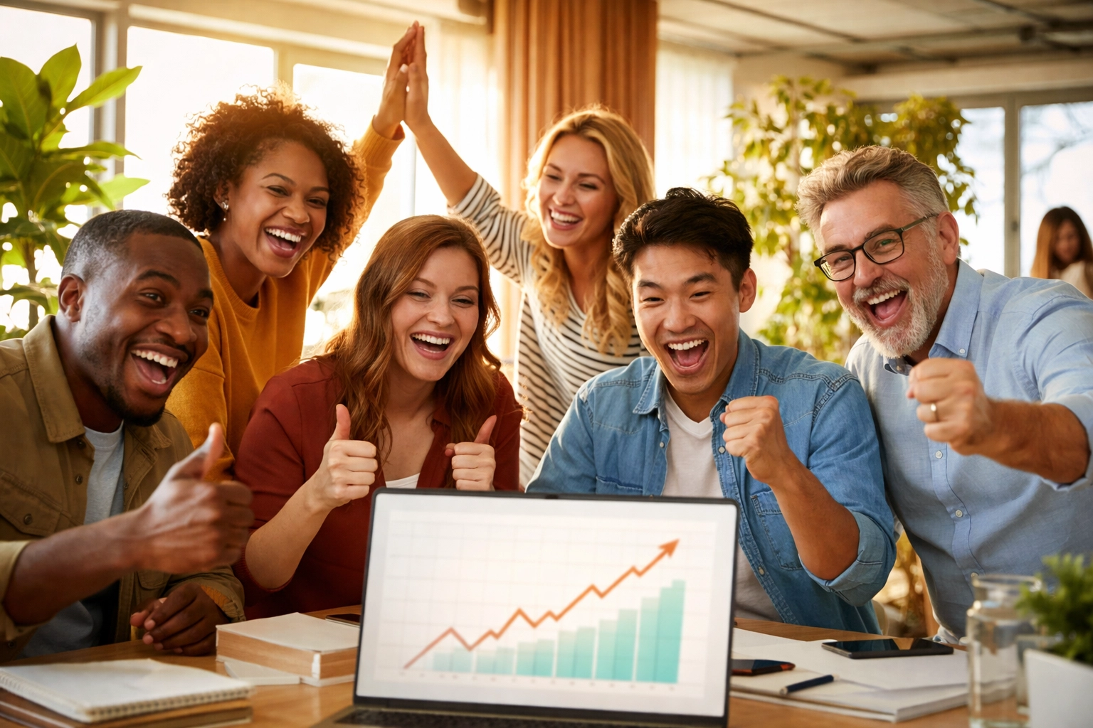 Diverse business team celebrates positive results with upward graphs, reflecting trust and marketing success.