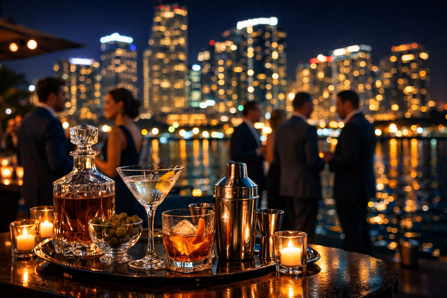 Corporate event photography in Miami featuring a luxury waterfront gathering against the Brickell skyline.