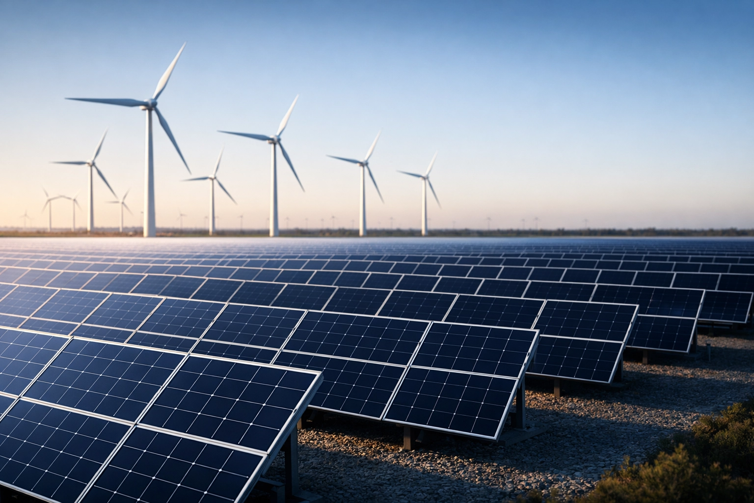 Parc solaire et turbines éoliennes illustrant la transition énergétique mondiale et le record de 814 GW.