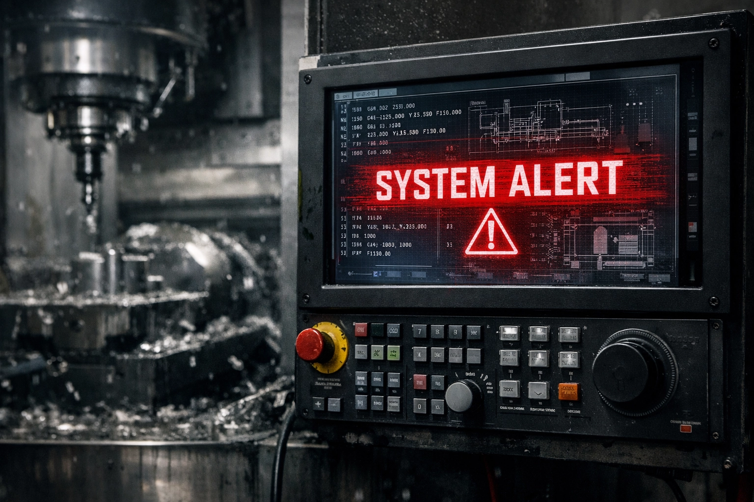 CNC machine control panel with a digital alert representing ransomware risks for CT manufacturing.