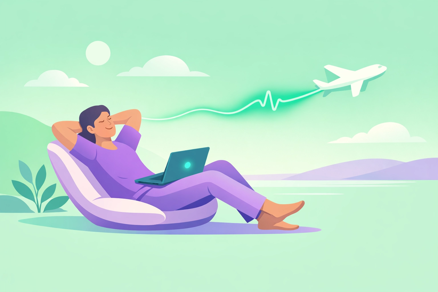 Relaxed traveler using automatic flight price refund tools to save money on airfare effortlessly.