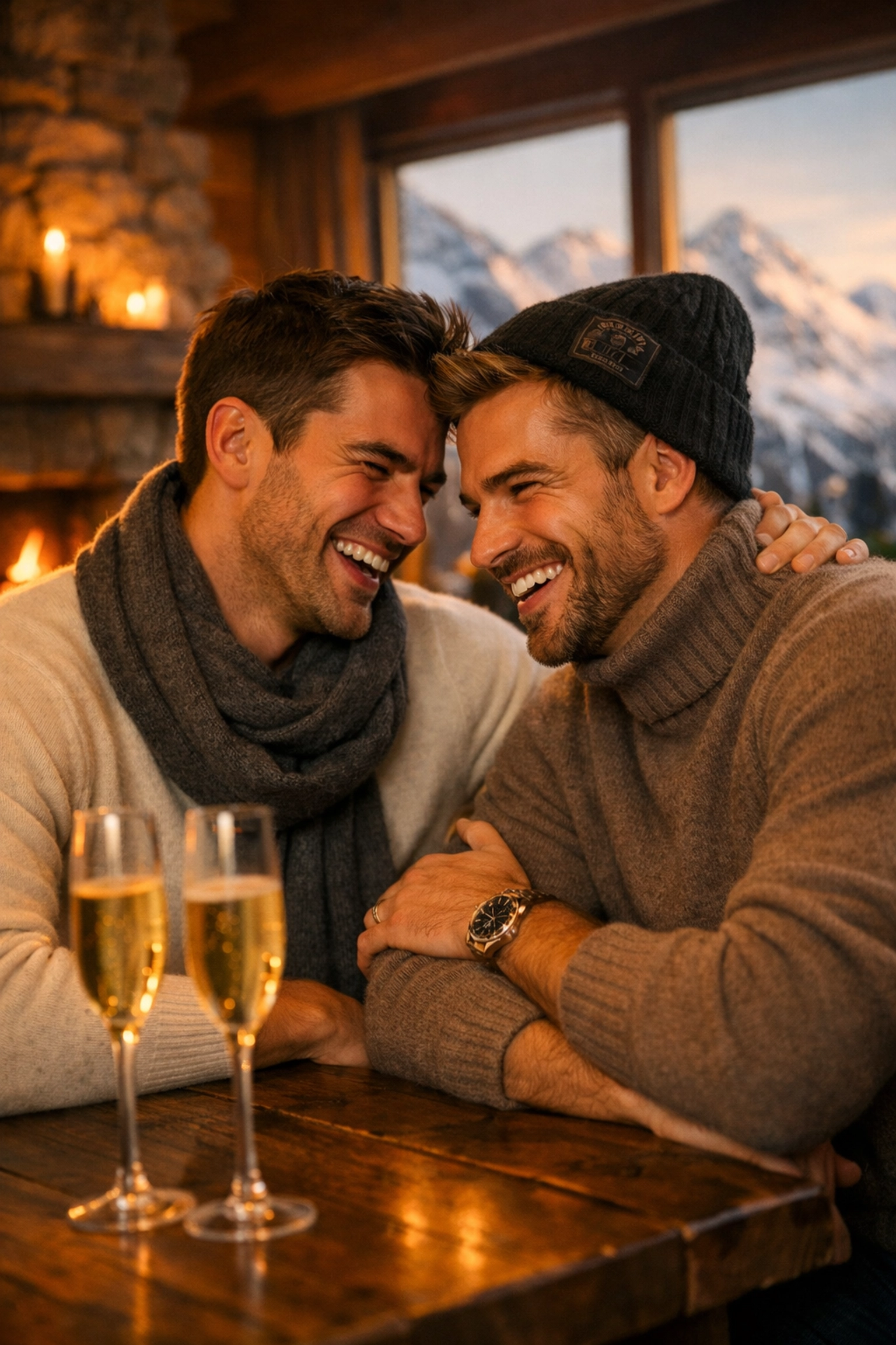 Two gay men socializing at an alpine ski lodge bar during après-ski