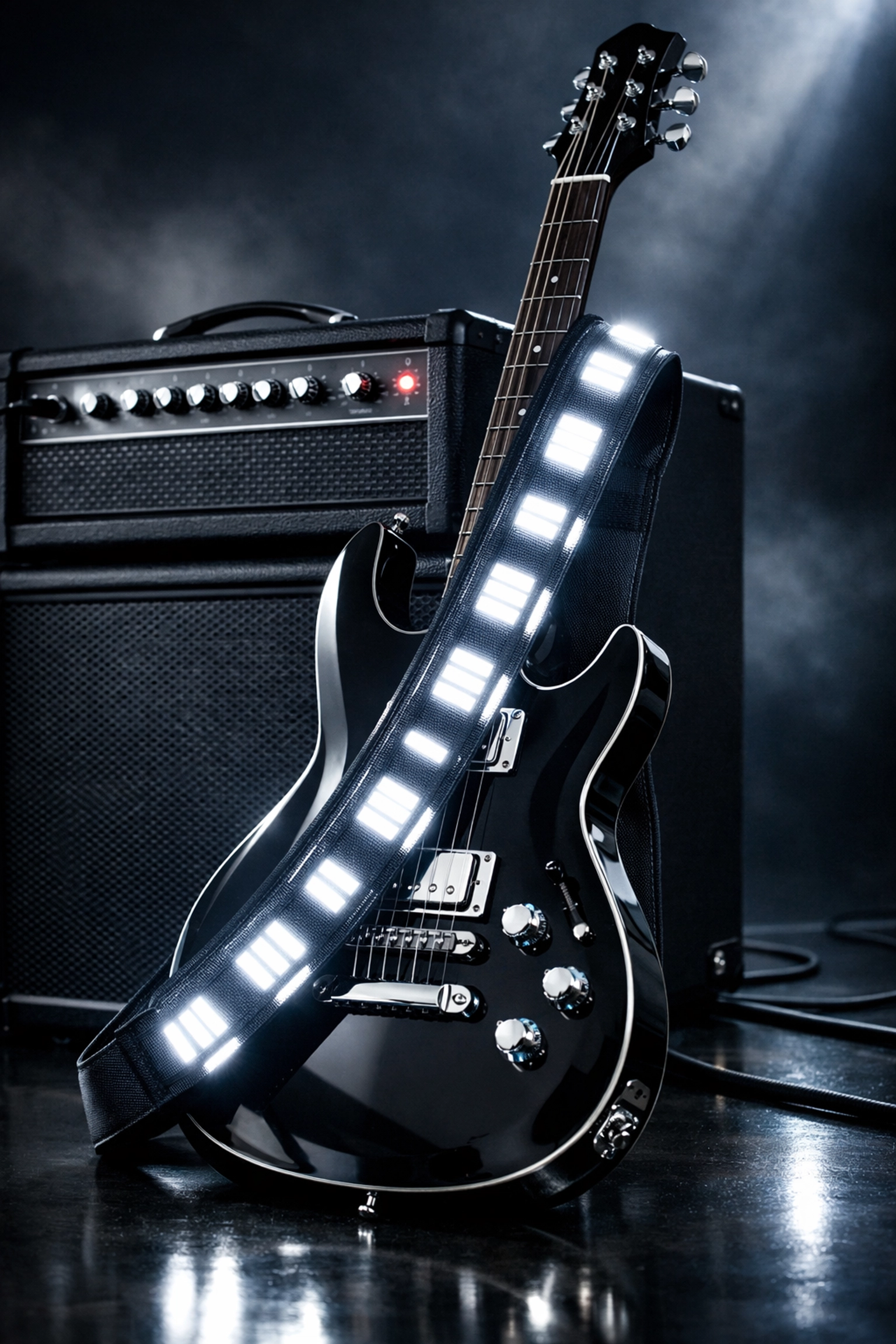 Sound-activated LED guitar strap glowing with white lights in a studio, ideal for Southfield performers.