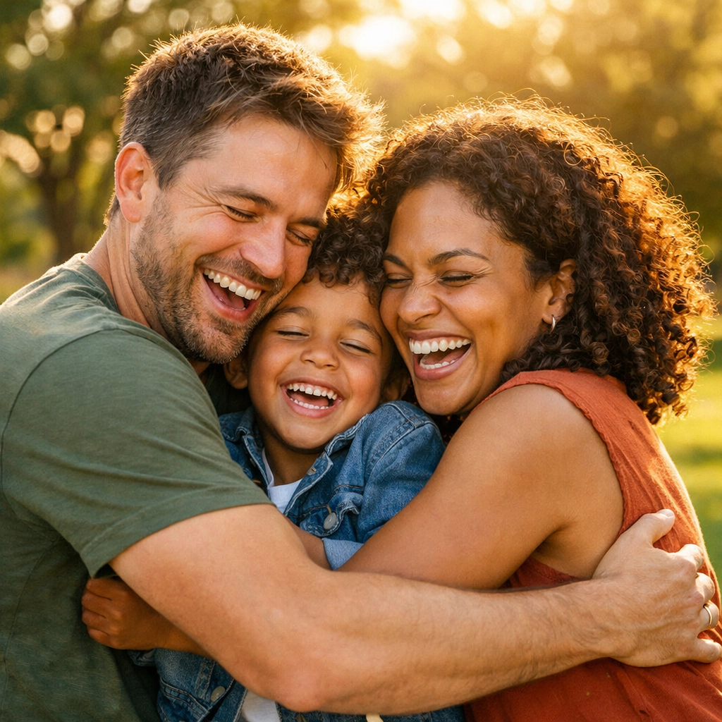 Multicultural family hugging after successfully obtaining J-1 waiver for exceptional hardship.