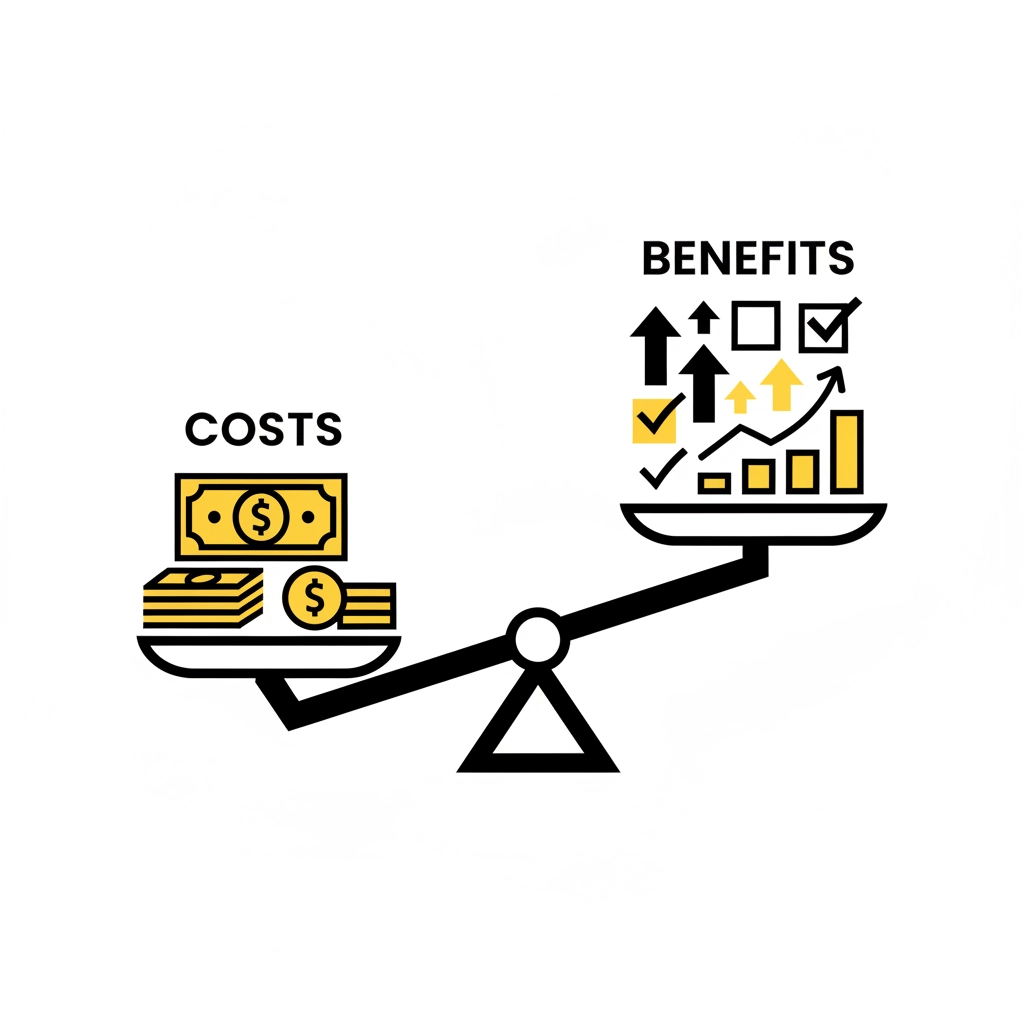 Balance scale with "Costs" and money on one side, "Benefits" with graphs and check marks on the other, tipping toward benefits.
