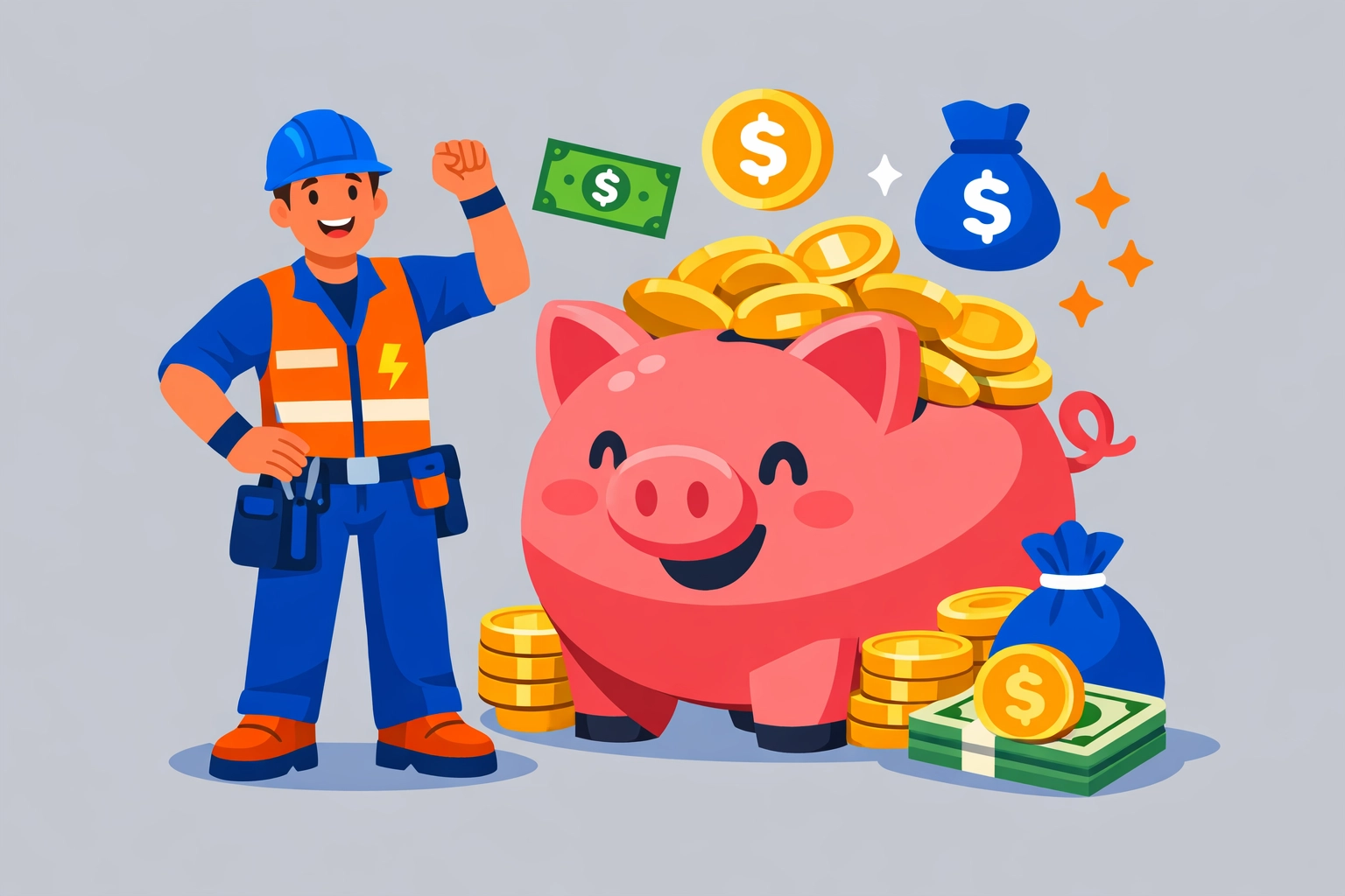 Electrician standing by a piggy bank representing savings on trade business software fees.