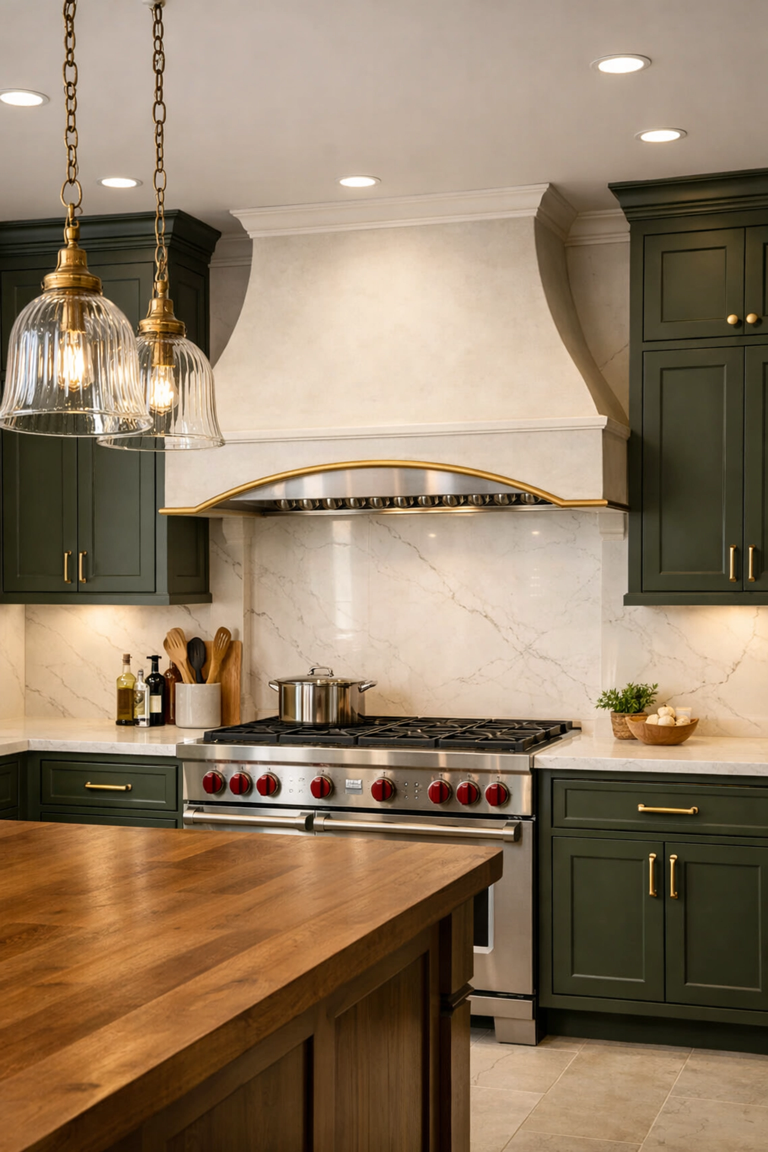 Luxury kitchen remodeling Orlando featuring olive green cabinets and white quartz countertops.
